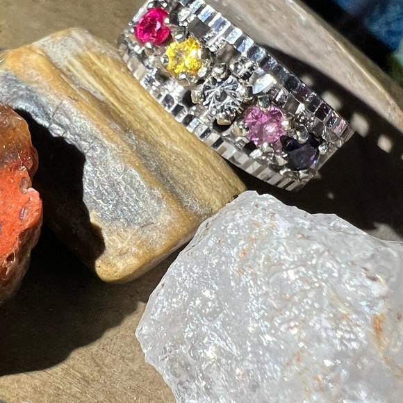 Vintage EMESCO Multi colored stones 14k white gold, ring - Picture 3 of 6